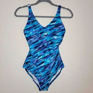 SPEEDO BLUE MULTI COLOR PRINT RUCHED SIDE ONE PIECE SWIMSUIT SIZE 8